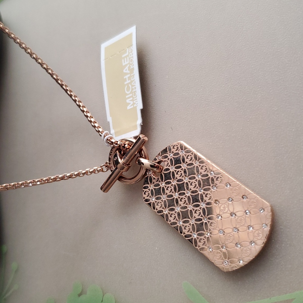 NWT Michael Kors Rose Gold Dog Tag Necklace with Crystals & MK Logo